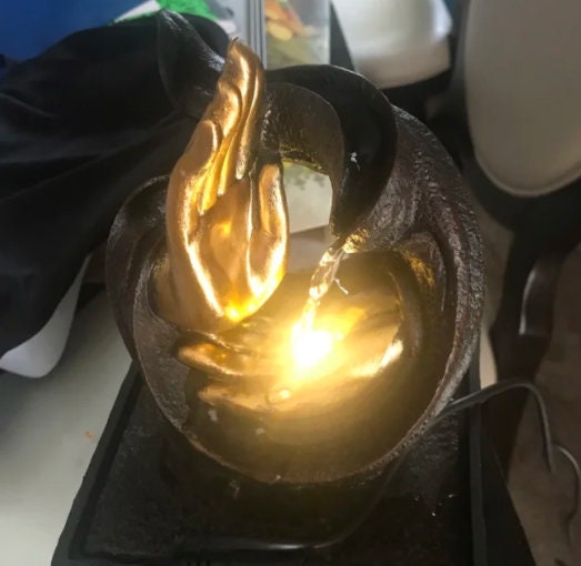 Golden Hands Tabletop Water Fountain, Lighted Quiet Waterfall Fountain, Relaxing Decor for Indoor Desk Office, 8" High