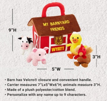 Personalized Farm Animals Plush Playset with Sound, Soft & Squeaky with Barn Carrier Bag, Kids Travel Toy, Christmas Gift Ideas Toddlers