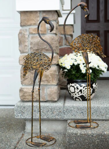 Rustic Flamingo Pathway Metal Graden Stake | Yard Lawn Patio Walkway Decor | Set of 2 Wild Art Outdoor Decoration, 42 inches High