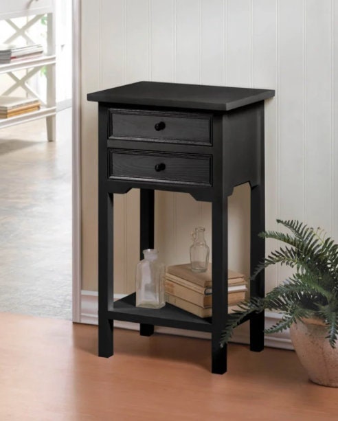 Rustic End Table | Black Finish Wooden Side Table with 2 Simple Pull Drawers | Wood Telephone Nightstand w/ Storage, 27.25" High