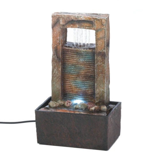 Indoor Calming Tabletop Water Fountain | LED-Reflective Lighting Quiet Comfort Zen Waterfall Fountain | Desk Office and Home Decor, 10" H