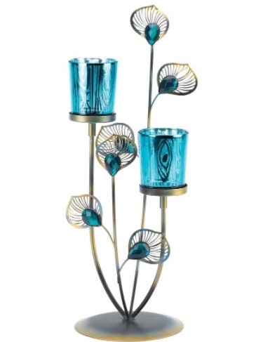 Peacock Plume Candle Holder, Exotic Table Centerpiece - for Christmas or Wedding Reception, Living Room, Bedrrom Dining Room Accent Decor