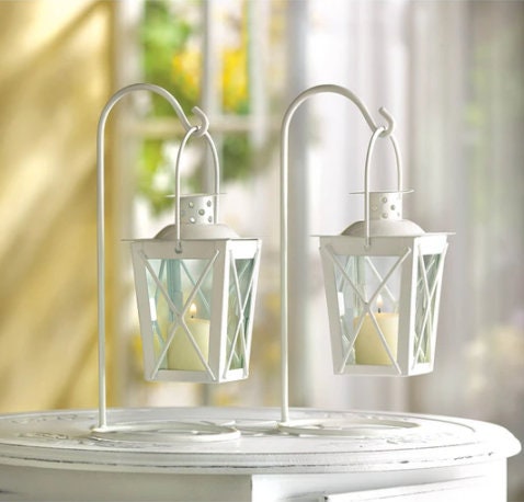 Elegant White Candle Lanterns Table Centerpiece, LED or Votive Candle, Wedding, Home & Party Decor, Set of 2, 9" High, Indoor or Outdoor Use