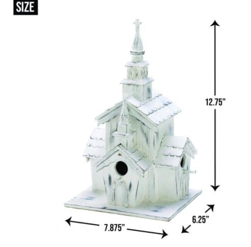 Distressed White Chapel Birdhouse, White Shabby Victorian Wood Chic Bird House, Indoor Outdoor, Versatile Tabletop Home Decor, 12.75" High