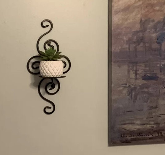 Antiqued Candle Wall Sconces, Set of 2 Wrought Iron Candle Holder, Mini Plant Pot Holder, Wall Mount, Black / Brown Finish, 13" High