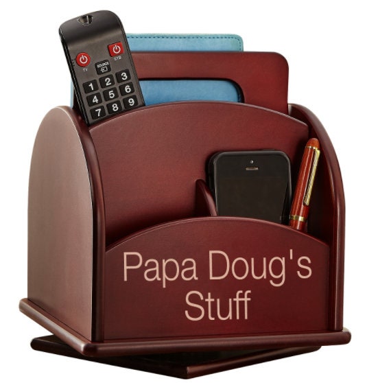 Personalized Revolving Wooden Desk Organizer, 6 Compartment Nightstand Remote Caddy, Custom Name or Message, Gift for Dad Husband Boyfriend