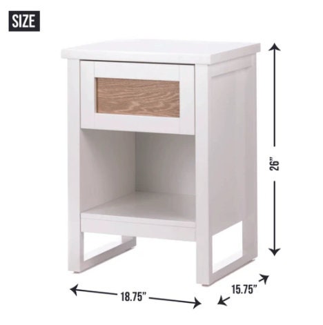 Modern End Table with Storage Book Shelf, Night Stand with Drawer, Neutral White Finish, Sofa and Coffee Side Table, 26" High, Solid Wood