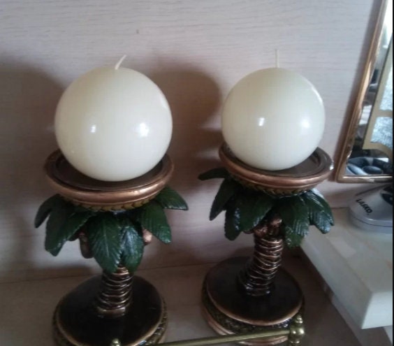 Tropical Palm Tree Candle Holders | Coastal Home Decoration, Hawaiian Candle Stand, Luau Table Centerpiece Accent, Antiqued look, 5.88" High