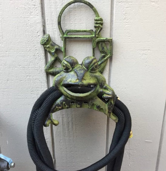 Garden Yard Hose Organizer, Decorative Cast Iron Frolicking Frog Design, Lawn Art, Heavy Duty Holds 100 ft Hose, Gift For Parents, 12" high