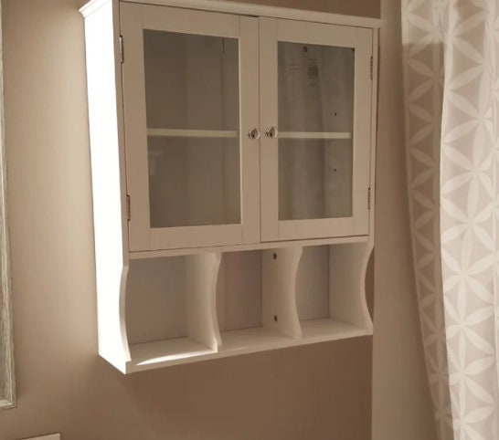 Wall Mounted Bathroom Cabinet- Double Clear Doors, Medicine Cabinet with 3 Open Shelves for Kitchen, Entryway, White, 27" H, Easy Assemble