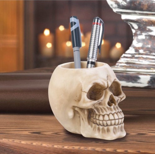Skull Statue Makeup Brush and Pen Holder, Gothic Skull Tabletop Office Desk Decor, Bedroom, Man Cave Decoration, Cool Gifts, 3.5" High