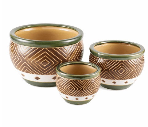 Ceramic Plant Pots Set of 3 Indoor Outddor Flower Planter w/ Drainage Hole, Gifts for Mom, Grandma, Patio Lawn Garden Decor, 2 Designs