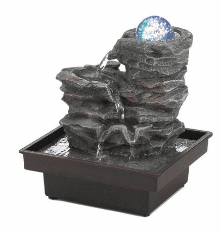 Water Fountain with Glass Orb On Rocks and LED Lights for Office Home Tabletop Decor, Zen Indoor Fountain, Relaxing Water Sound, 10.5" High