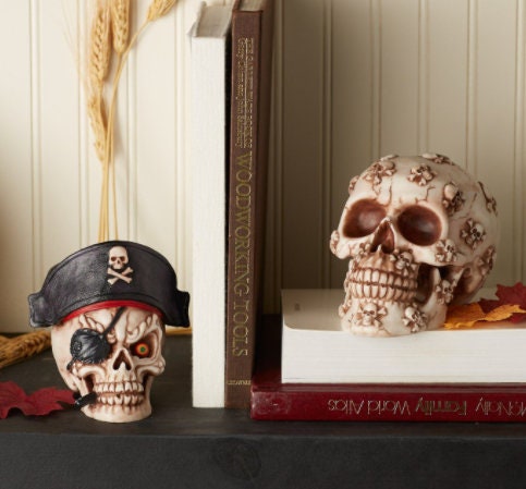 Grinning Pirate Skull Head, Skeleton Figurine, Nautical Pirate and Treasure Hunt Collectible Statue and Props, Cool Gifts