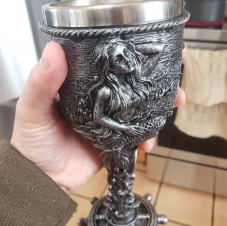Rustic Mermaid Maiden with Ship Helm Wheel Base, Wine Goblet Chalice Beverage Drinkware Serveware, Nautical Ocean Themed Decor & Gifts