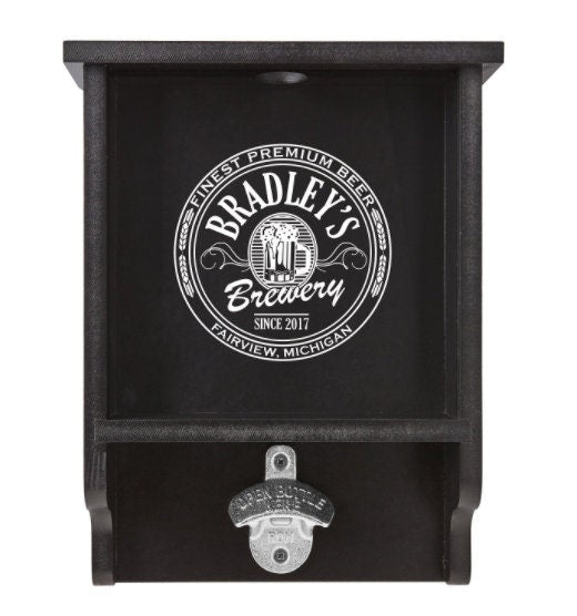 Personalized Beer Bottle Opener and Cap Holder, Unique Gift For Men, Beer Lover, Customized Message Display Box, Can be Wall Mounted - Wood