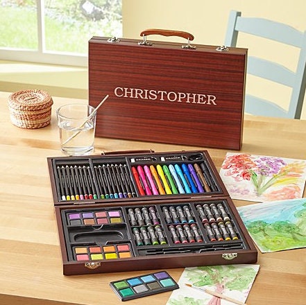 Personalized Wooden 80 Piece Art Set Crafts Drawing Painting Kit, Creative Gift Box for Artist, Kids, Teens Adults, Custom Name, 7 Designs