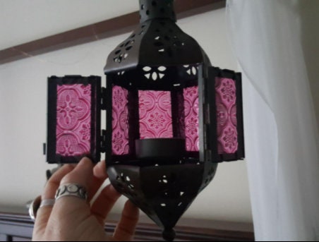 Mystical Moroccan Decorative Candle Lantern Holder for Patio, Home Decor and Weddings, Indoor Outdoor - Purple Glass, Metal Frame, 10" High