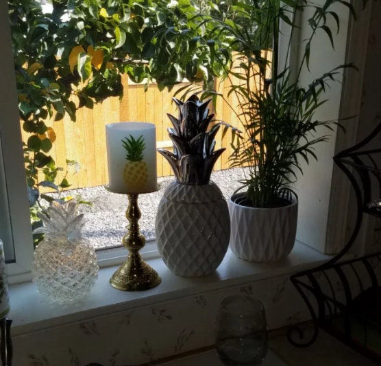 Pineapple Ceramic Canister Crown Lid Food Jar Hawaiian Themed Home Decor Accent, Bookshelf, Kitchen Storage, Dorm Room Ornament, 13.5"Tall