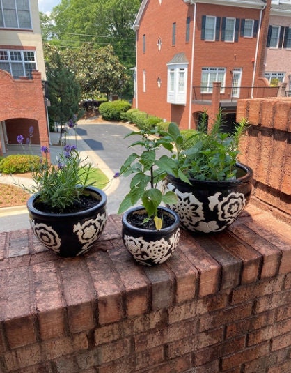 Set of 3 Black and White Flower Pattern Ceramic Planter, Garden, Patio Indoor Outdoor Flowers and Succulent Pots with Drain Hole,