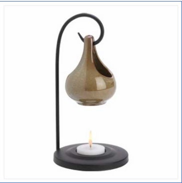 Metal Stand Tear Drop Scented Oil Warmer Candle Holder in Moss-Green Ceramic Tear Drop