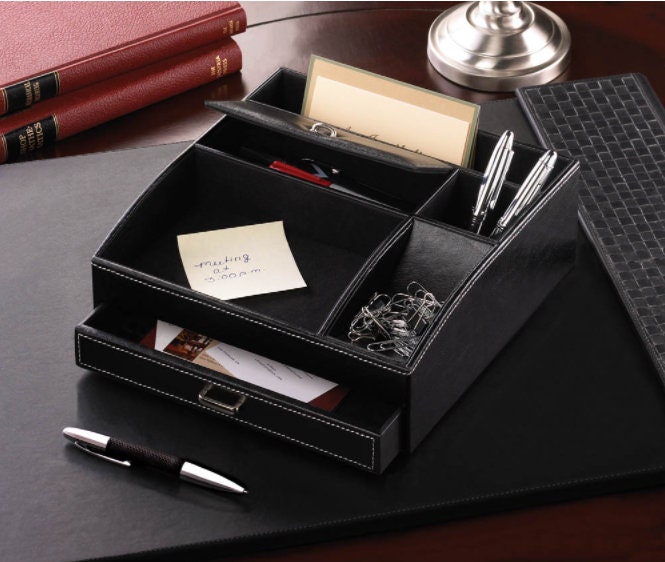 Black Faux Leather Box, Catch all Tray Table Organizer, 6 Compartments, For Him, Father's Day Gift Ideas
