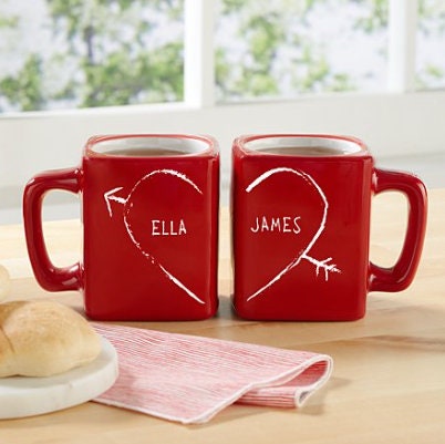 Customize Half-Heart Square Red Mug Set of 2, Coffee Together With Your Love Ones, Valentines Gift Ideas