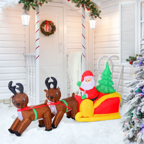 7' Self Inflating Santa Claus w/Sleigh & Reindeer Scene, Hardware Included, 120V