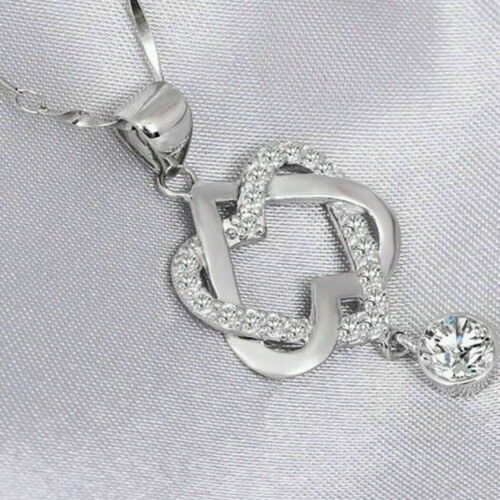 Gorgeous 925 Silver Necklace Pendant Women Cubic Zircon Jewelry Double Heart USA