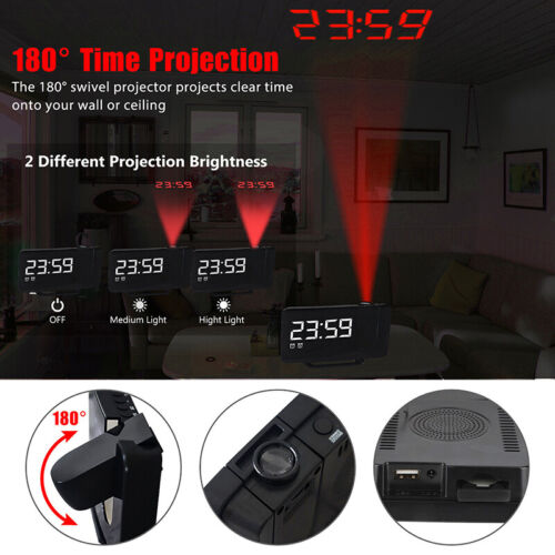 6*4in LED Digital Display Projection Snooze Dual Alarm Clock FM Radio Timer USB