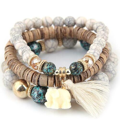 Women Fashion Wood Beads Bracelets Vintage Boho Small Elephant Charm Bracelets