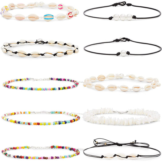 10-Pack Puka Pearl Shell Choker Necklaces for Women