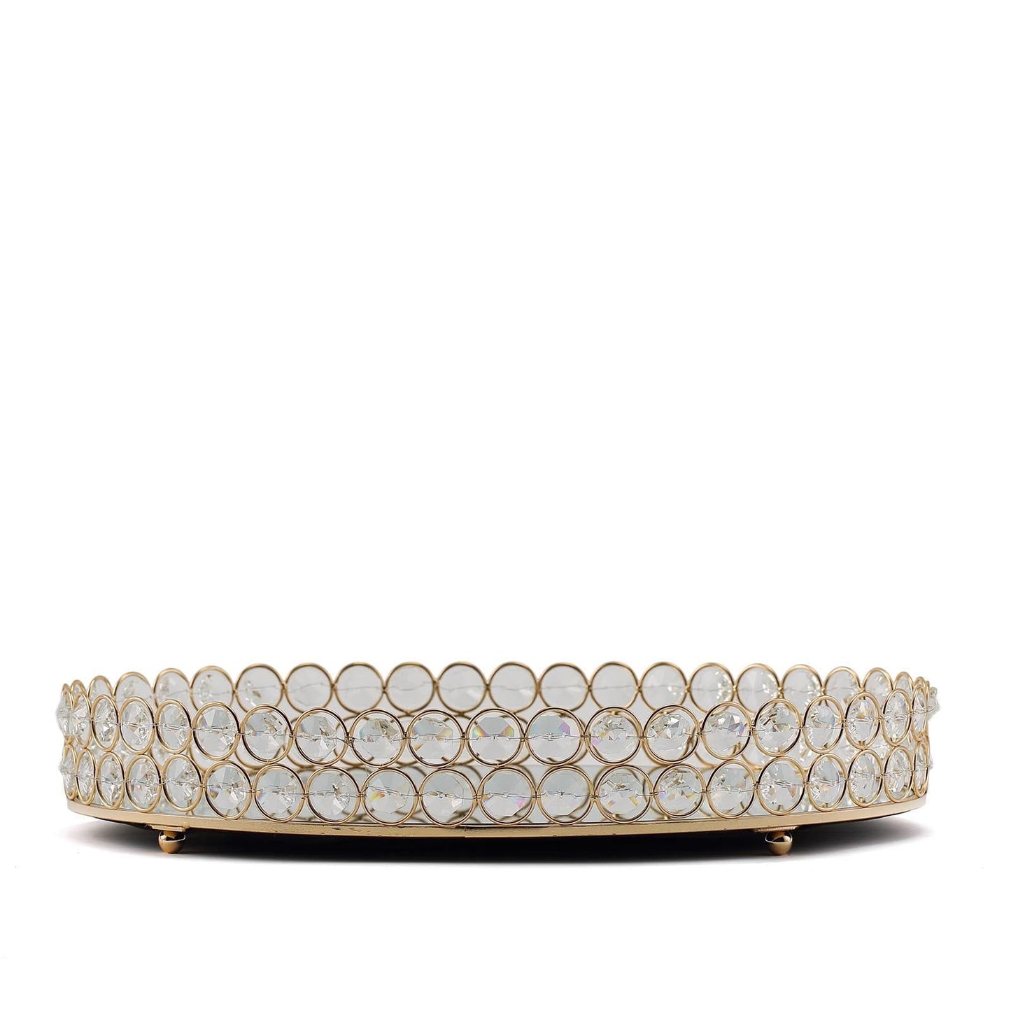 Gold Metal Crystal Beaded Decorative Serving Tray- Oval