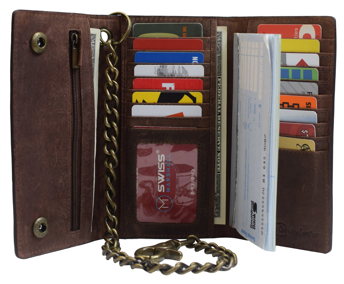 RFID Blocking Men's Vintage Brown Genuine Leather Long Tri-fold Chain Wallet