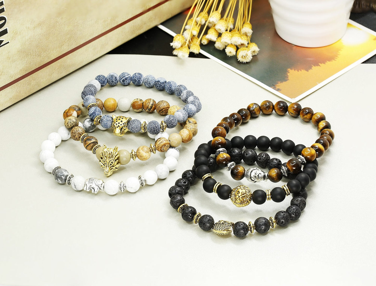 6PCS Mens Bead Bracelets Set Dragon/Lion/Panther Charm Natural Stone Bracelet, 8MM