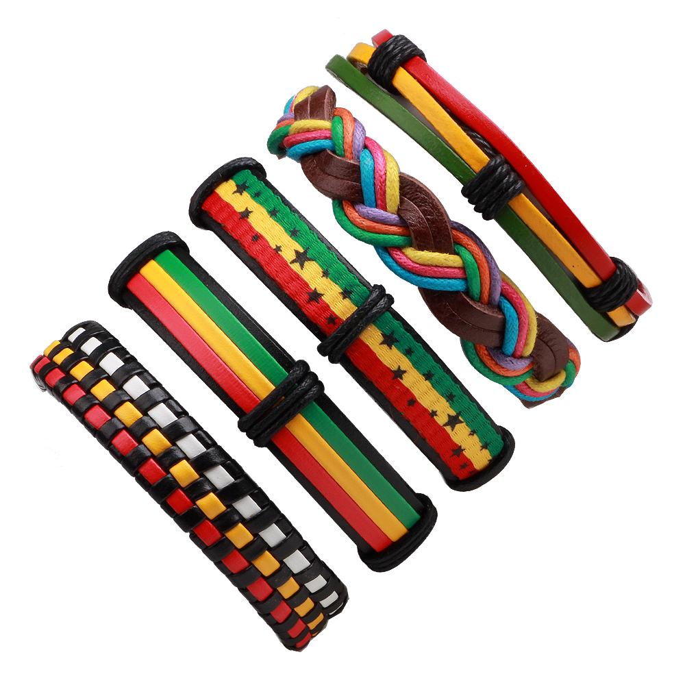 Jamaican Reggae Hippie Leather Unisex Wrap Bracelet 5 pcs Set