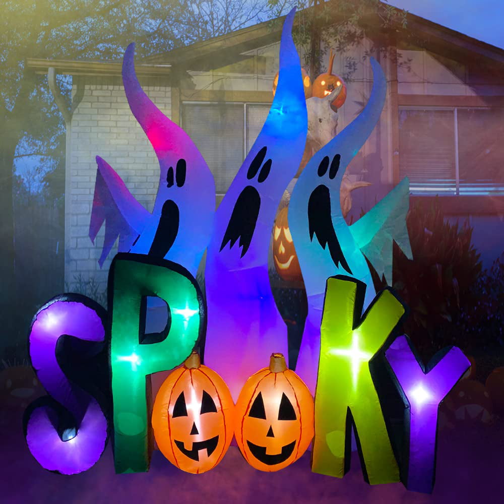 8' Halloween Inflatable Décor Ghost w/ Spooky Pumpkin w/ LED