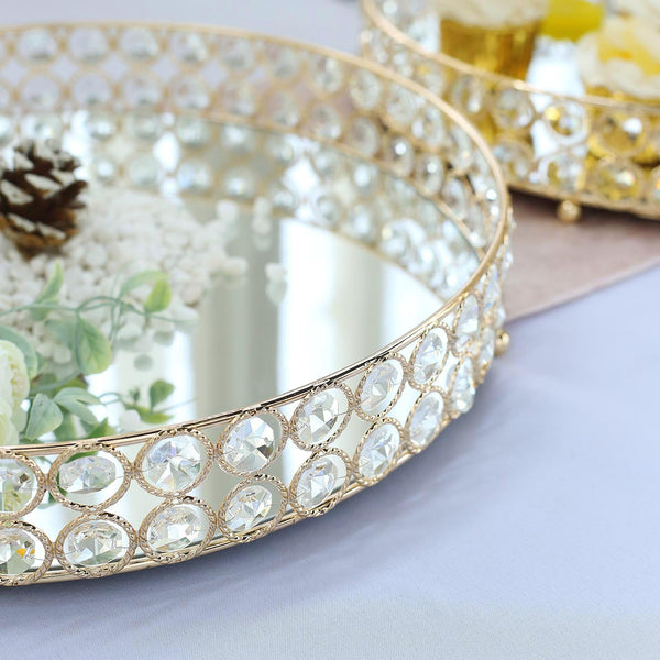 Set of 2 Gold Metal Crystal Beaded Decorative Serving Trays