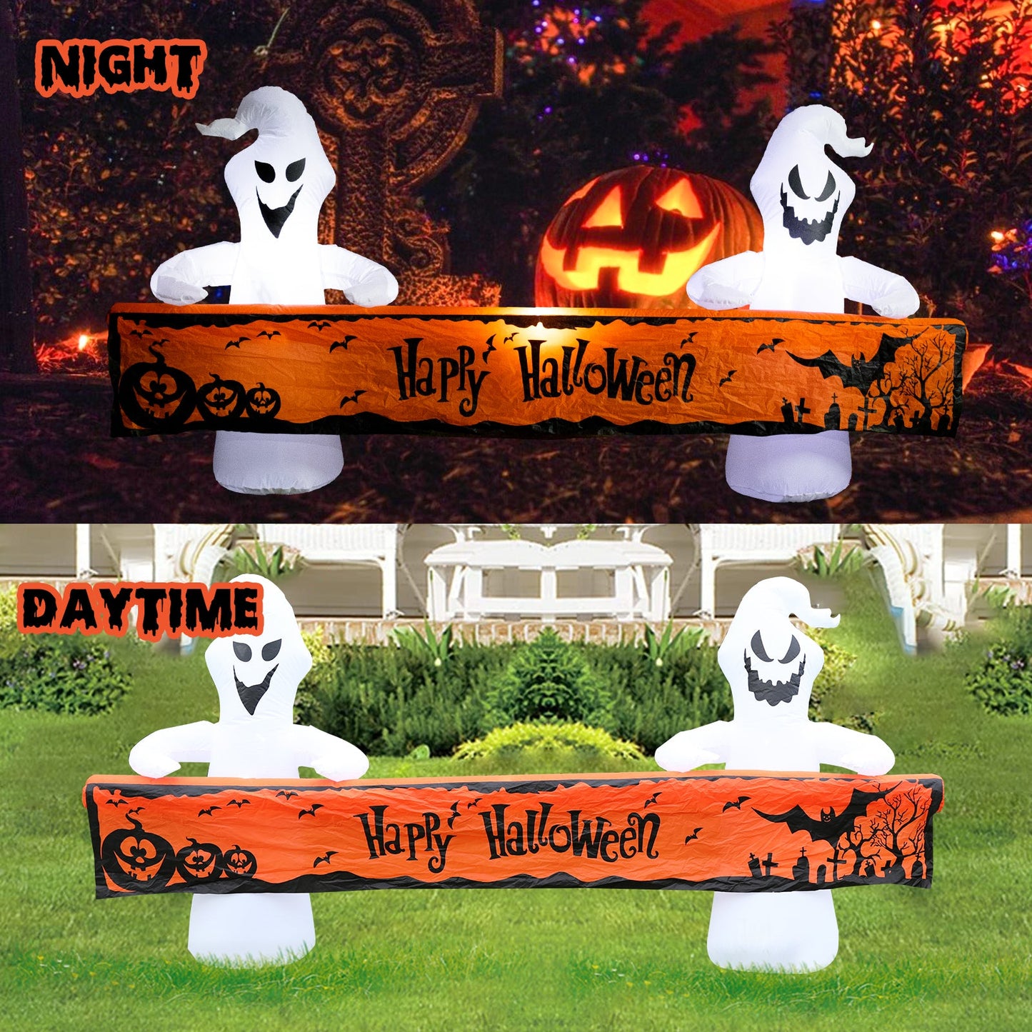 8 Ft Halloween Inflatable White Ghosts w/ Lighted Orange Banner