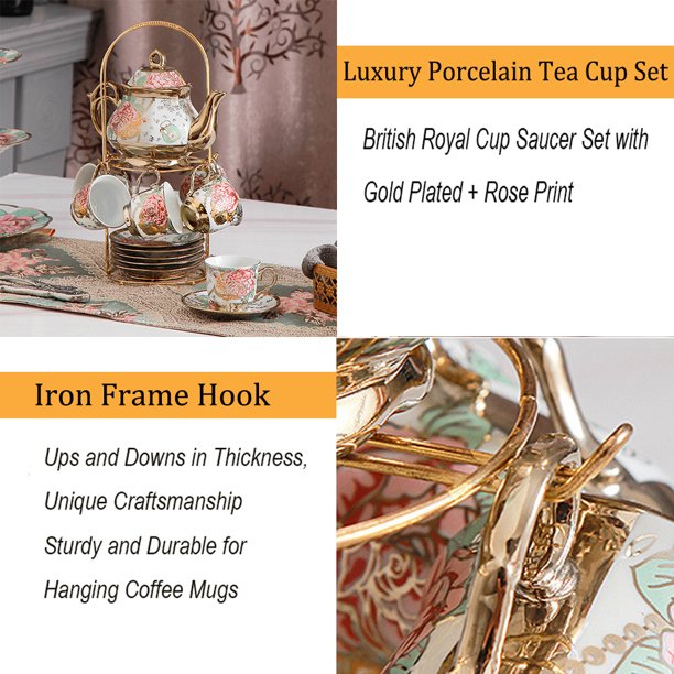 13 Pcs Cup Set,Ceramics Vintage Coffee Set - 6 Tea Cups 6 Saucers 1 Teapot &1 Golden Metal Stand