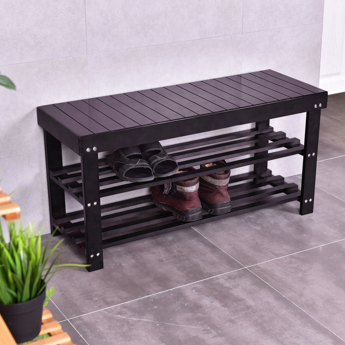 36" Solid Wood Shoe Bench 3 Tier