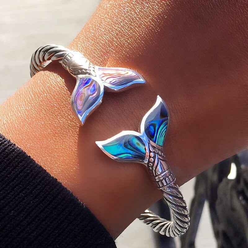 Abalone Shell & Silver Mermaid Tail Bangle Bracelet for Women