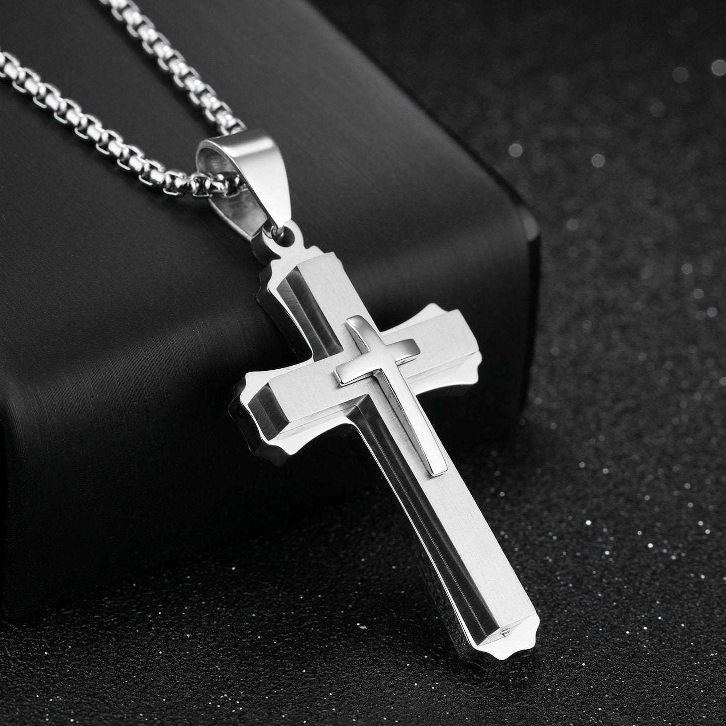 Stainless Steel Large Layered Cross Pendant Necklace, for Men