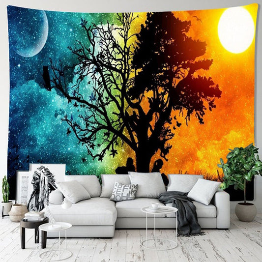 Tree Moon Star Night Sun Day Printed Tapestry for Home Decoration