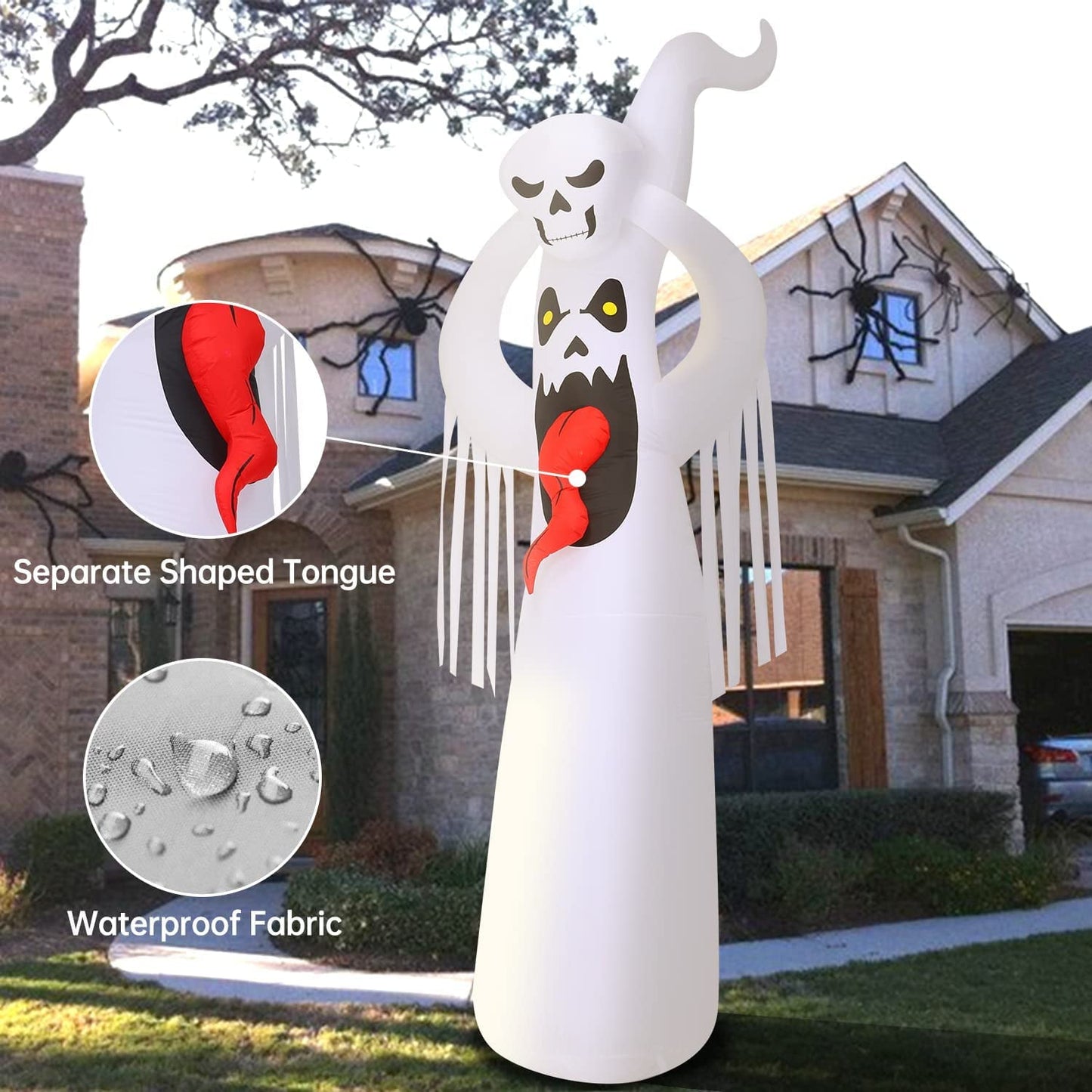 12ft Giant Halloween Inflatables White Ghost w/ 3D Tongue & Holding Small Ghost