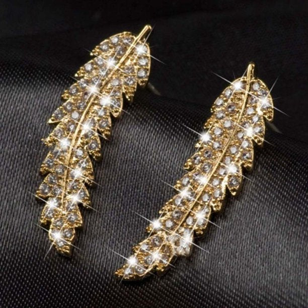 Gorgeous Feather Ear Climbers 925 Sterling Silver Wing Gold Crystal Leaves Cluster Cuff Earrings For Women