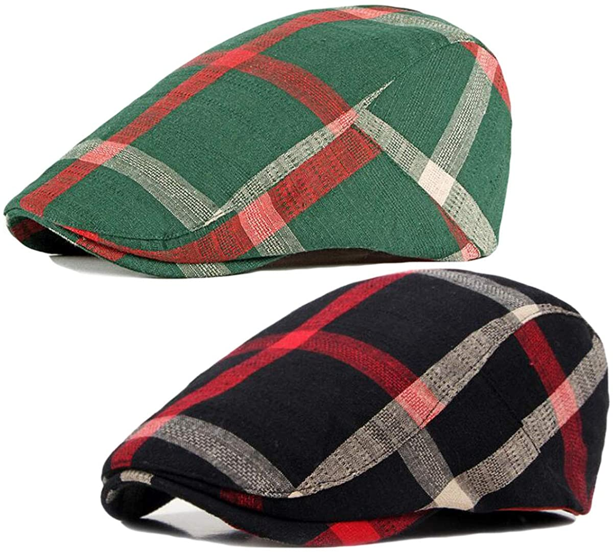 2 Pack Men's Cotton Flat Cap Ivy Gatsby Newsboy Hat (M)