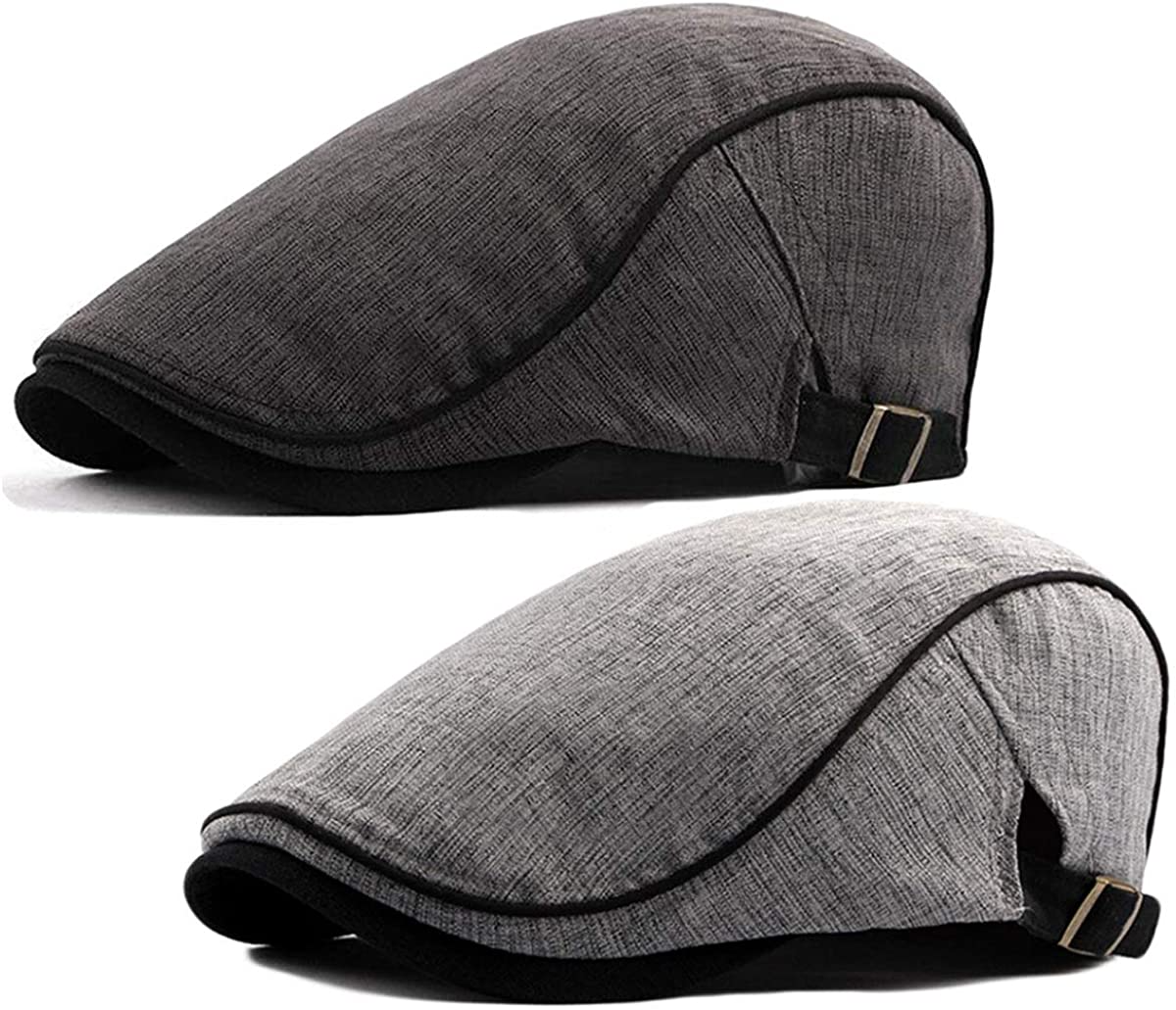 2 Pack Men's Cotton Flat Cap Ivy Gatsby Newsboy Hat (M)