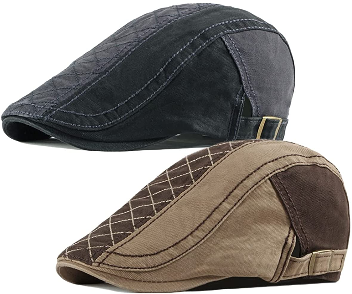 2 Pack Men's Cotton Flat Cap Ivy Gatsby Newsboy Hat (M)