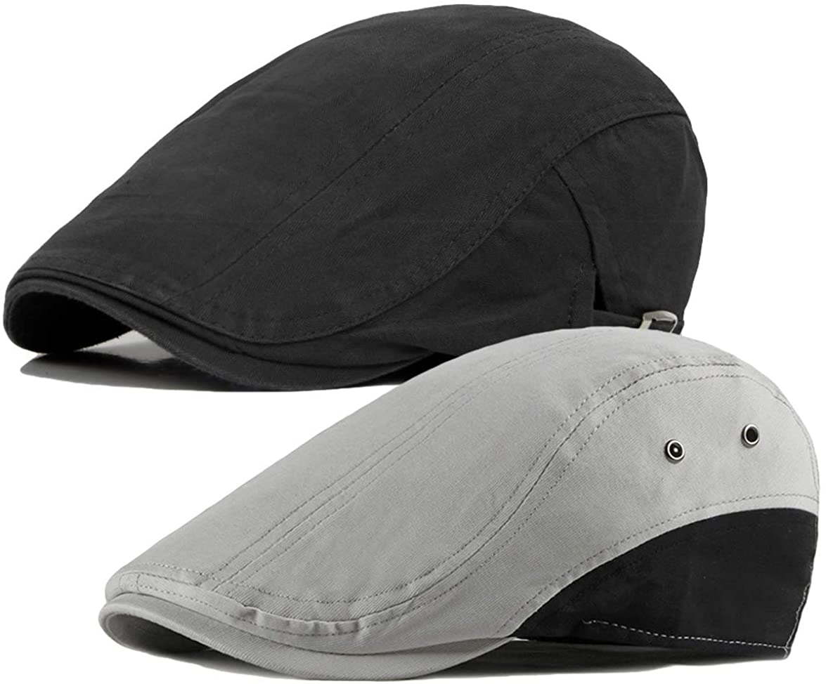 2 Pack Men's Cotton Flat Cap Ivy Gatsby Newsboy Hat (M)